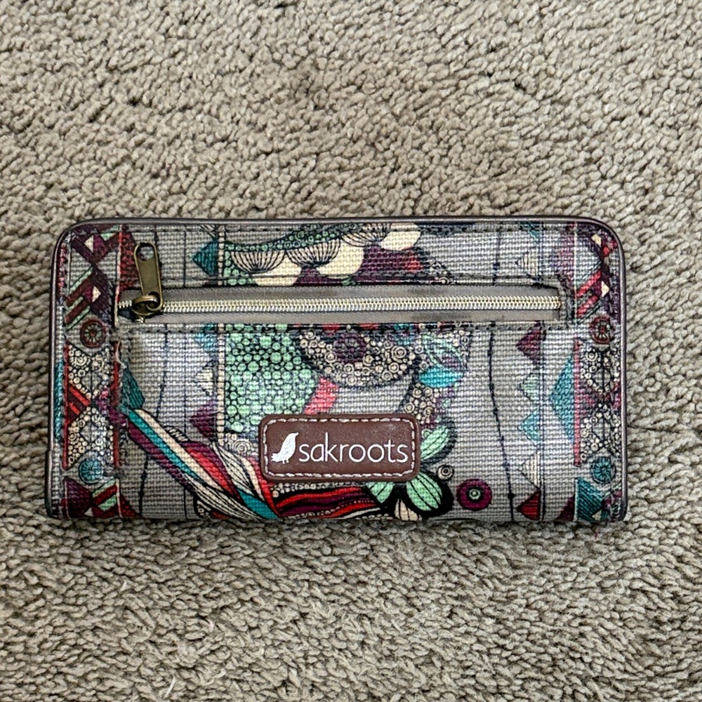 Sakroots Multicolor Floral Zip Wallet with Teal & Burgundy Accents